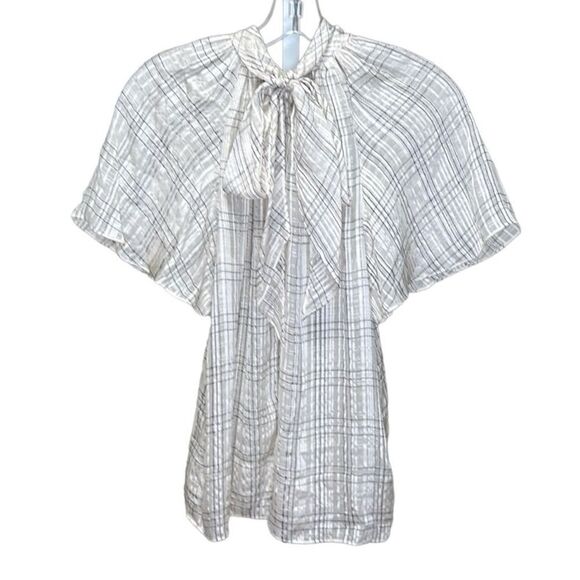 REBECCA TAYLOR - “Jules” Plaid Short-Sleeve Silk Blouse - Size 6, White, Black - Picture 6 of 17